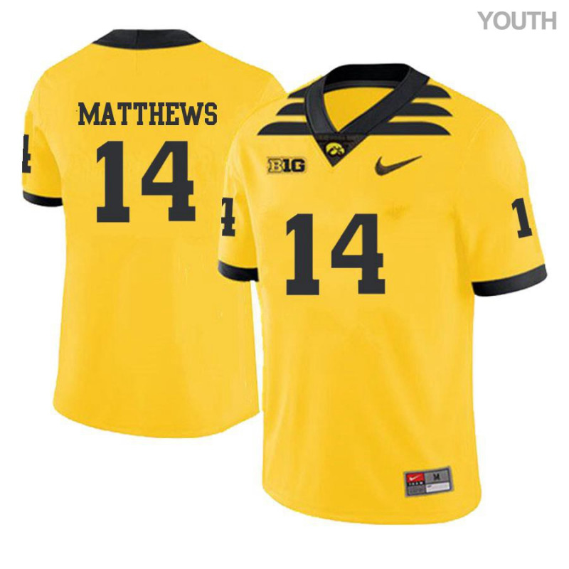 Youth Iowa Hawkeyes NCAA #14 Quavon Matthews Yellow Authentic Nike Alumni Stitched College Football Jersey QR34H48ZW